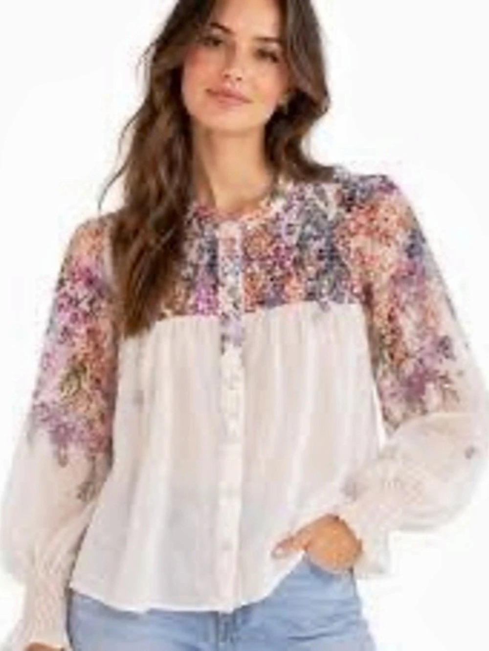 Bailey/44 Floral Smocked Yoke Blouse in Pink & Purple